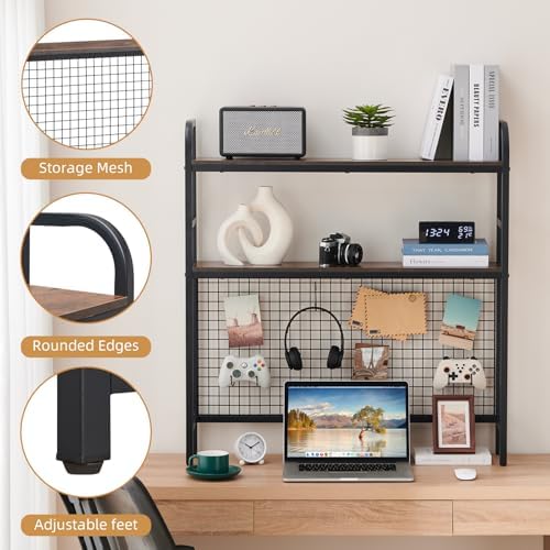 Desk Shelf, 36.8” Desktop Organizer Shelf with Grid Panel and Hooks, Desk Hutch for Computer Monitor, 2 Tier Desk Display Rack Wood Desktop Bookshelf Storage for Home Office Dorm (Rustic Brown, 36.8") - Image 5