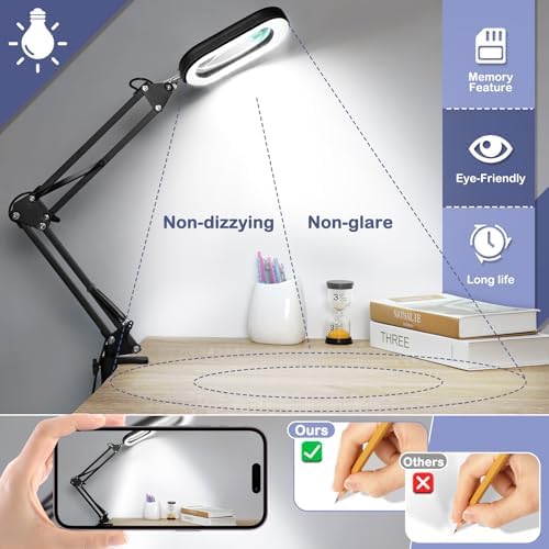 30X 12X Square Magnifying Glass with Light and Stand, Real Glass LED Lighted Magnifier, 5 Color Modes Stepless Dimmable, Hands-Free Mag Desk Lamp with Clamp for Reading Craft Hobby Close Work Black - Image 6