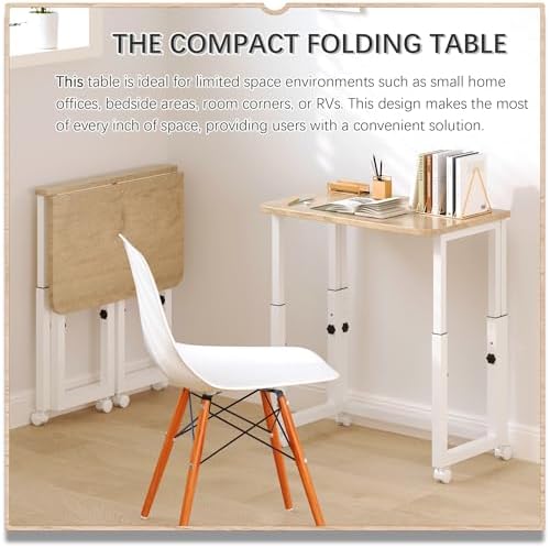 4NM No Tool Assembly 23.6" Small Desk, Folding Portable Desk with Wheels, Adjustable Height Foldable Computer Home Office Desks, Collapsible Study Writing Table for Space Saving Bedroom - Cloud Oak - Image 3