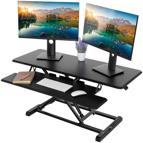 TechOrbits Standing Desk Converter - 42 Inch Adjustable Sit to Stand Up Desk Workstation, MDF Wood, Ergonomic Desk Riser with Keyboard Tray, Desktop Riser for Home Office Computer Laptop, Black 42" by TechOrbits