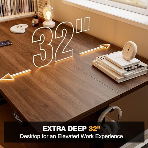 Grandder 55x32 Large Electric Standing Desk, Height Adjustable Computer Desk with 2 Memory Presets, 31.5" Deep Desktop Sit Stand Desk Home Office Desk Workstation Table with Hooks, Walnut - Image 4