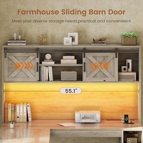 SEDETA 67" Farmhouse L Shaped Desk with Hutch, Grey - Image 4