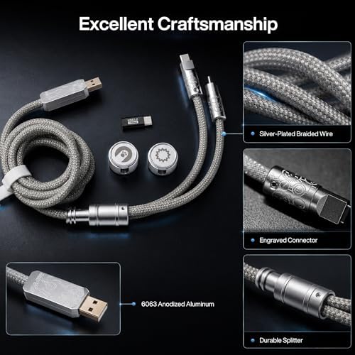 Angry miao Split Dual 8K Gaming Cable AM Edition 1.4m(4.6ft), High-Speed Dual Connection, Low Latency, Compatible with USB Type-C Devices, Durable Mesh Silver-Plated Wire - Silver Orbit - Image 6