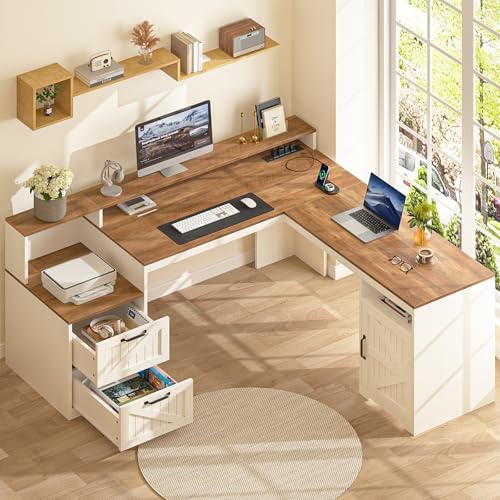 63" Farmhouse L Shaped Desk with Drawers & Printer Shelf for Home Office - Image 4