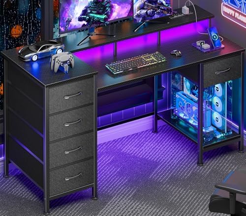 Korfile 47 Inch Computer Gaming Desk with Power Outlets & LED Lights Reversible Home Office Desk with Adjustable 5 Fabric Storage Drawers for Working Writing Study, Carbon Fiber Black by Korfile