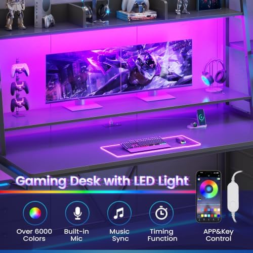 SEDETA Gaming Desk with LED Lights, 8 Drawers and Storage Shelves, Black - Image 5