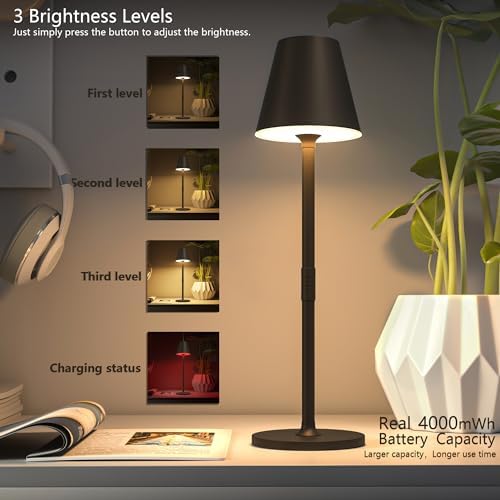 Timjorman Modern LED Cordless Table Lamp, 4000mAh Rechargeable Battery, 3 Level Brightness Night Light, Metal Shell, Minimalist Design, for Couples Dinner/Coffee Table/Restaurant/Bedroom, Khaki - Image 2