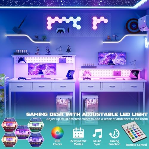 MUTUN Computer Desk with Drawers, 40 Inch Computer Desk with Power Outlet & LED Light, Gaming Desk with Adjustable Monitor Stand & Pegboard, Modern PC Study Writing Table for Bedroom, White - Image 6