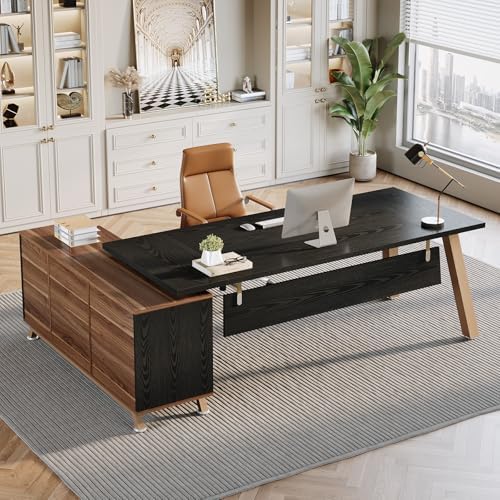 Tribesigns 78.7" L-Shaped Executive Desk, Modern Office Desk with File Drawers & Storage Shelves, Large Computer Desk with 55-Inch Cabinet, Business Workstation for Home Office, Black & Walnut by Tribesigns