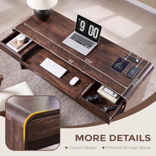 63" Modern Computer Desk with 2 Drawers, Wood Curved (Brown) - Image 4