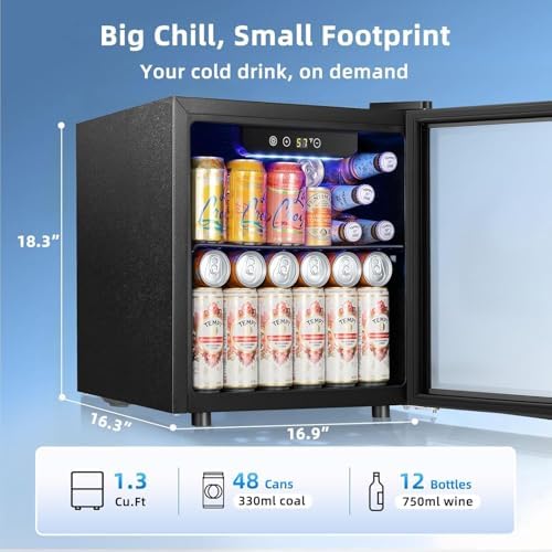 Antarctic Star 48 Can Mini Beverage Refrigerator, 1.3 Cu.Ft Compact Drink Cooler with Glass Door, Adjustable Temp 40-61°F, Quiet Freestanding Wine & Soda Cooler for Home Office Dorm, LED Lit - Image 2