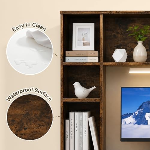 3 Tier Desktop Bookshelf with Rechargeable Eye-Friendly LED Desk Light, Desk Hutch Organizer with 5 Shelves, Wooden Desk Bookshelf for Office, Dorm and Small Space, Brown - Image 7