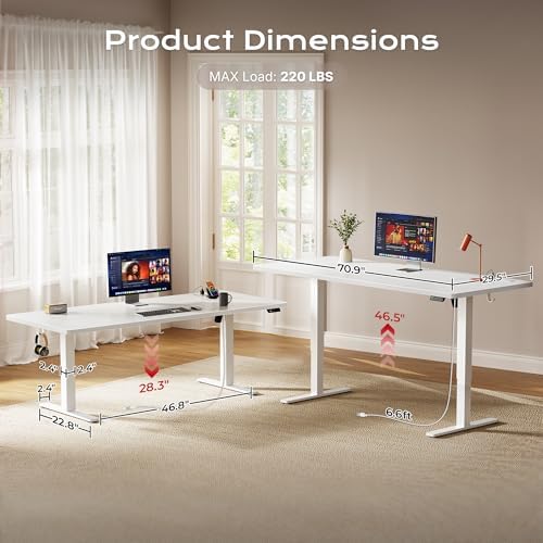 Huuger 71 x 30 Large Electric Standing Desk, Height Adjustable Computer Desk, 29.5" Deep Desktop, Stand up Gaming Office Table with 2 Hooks, 3 Preset Heights, for Home Office, White - Image 5