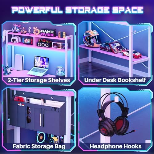 Aheaplus 59" L Shaped Desk Gaming Desk with LED Light & Power Outlet, Pink - Image 4