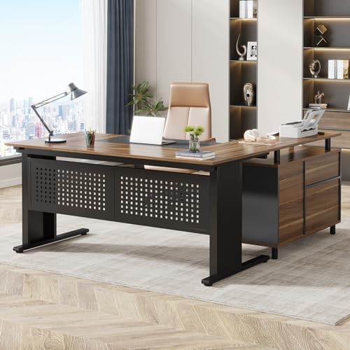 Tribesigns 63 Inch Executive Desk with File Cabinet, Large Office Desk L Shaped Computer Desk with Drawers and Storage Shelves, Business Furniture Desk Workstation for Home Office, Brown and Black by Tribesigns
