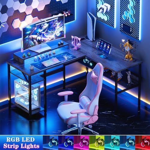 Unikito Reversible L Shaped Desk with Power Outlets and RGB LED Light, Sturdy Computer Desk with Ergonomic Monitor Stand and Storage Shelves, Corner Desk for Home Office, Easy Assembly, Black Oak - Image 7