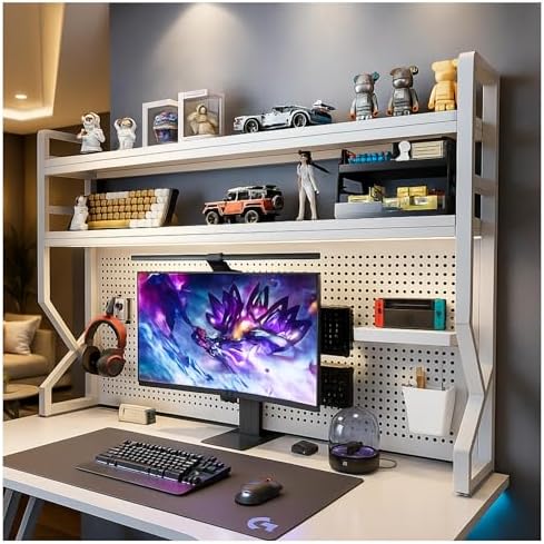 Desktop Hutch Bookshelf,White Metal Desktop Bookcase with pegboard by Unknown