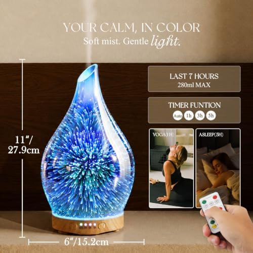 Porseme 280ml Remote Essential Oil Diffuser 3D Glass Ultrasonic Mist 7H - Image 3