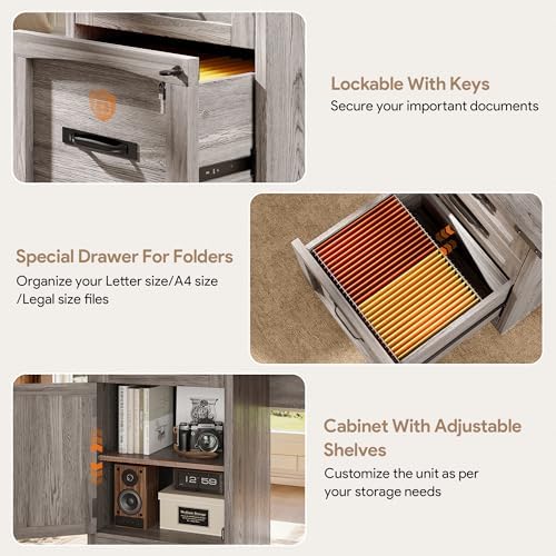 Decofy 67" Farmhouse L Shaped Standing Desk with Drawers Home Office Executive Desks with Fast Charging Station, Lockable File Cabinet, Wood Writing Computer Desk for Work, Study, Grey - Image 6