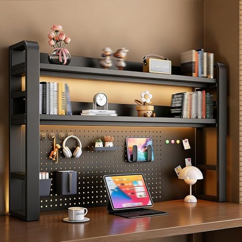 2/3/4 Tier Desktop Bookshelf with Pegboard and Storage Parts, Metal Desktop Organizer Hutch, Desk Shelves for Top of Desk, Shelf Organizer Display Rack for Dorm Home(Black,3-Tier L29.5in) by Unknown