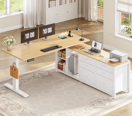 SEDETA L Shaped Electric Standing Desk with 6 Fabric Drawers, Storage by SEDETA