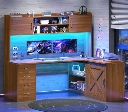 SEDETA 55” Farmhouse L Shaped Desk with 4 Drawers, Hutch, Corner Computer Desk with Storage Drawers, L Shaped Gaming Desk with LED Light and Power Outlet for Home Office, Brown - Image 3