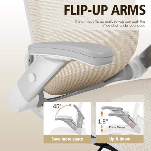 GABRYLLY Ergonomic Office Chair, High Back Home Desk Chair with 2D Flip-Up Arms, 3D Headrest, 90-120° Tilt and Wide Cushion, Big and Tall Mesh Chairs for Man Woman, Computer Task Chair Beige - Image 4