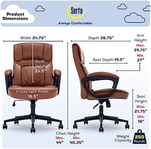 Serta Executive Office Chair with Lumbar Support, Padded Arms Leather Chair - Image 2
