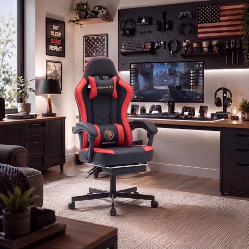 Desk Computer Gaming Chair - High Back Ergonomic Office Chair with Footrest and Lumbar Support, Swivel Comfy Home Gamer Video Game Chairs with Pocket Spring Cushion for Adults (Red Leather) - Image 2