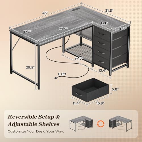 PRAISUN 43.3" Small L Shaped Desk with Power Outlets & 4 Drawers - Image 2
