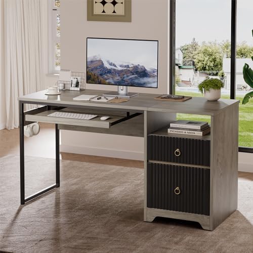 Bestier 55Inch Modern Fluted Desk with Drawers & Keyboard Tray, Grey - Image 2