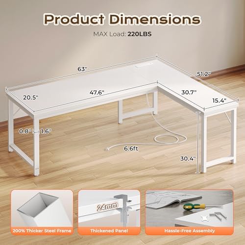 Huuger 63 Inch L Shaped Desk with Power Outlets & 0.95 Inch Thicker Desktop - Image 3
