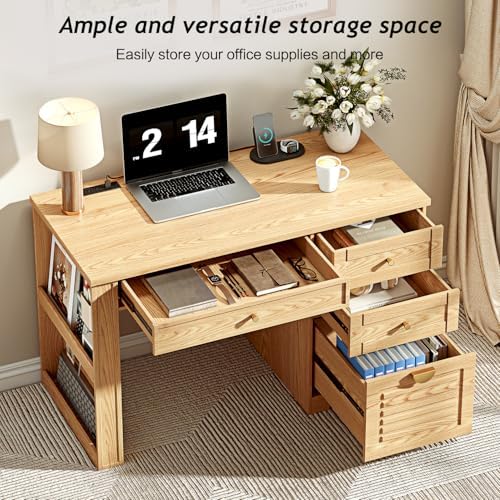 Ieejdn 47" Home Office Desks, Executive Desk, Farmhouse Computer Desk with Drawers and Charging Station, File Drawer, Storage Cabinet, Rustic Computer Writing Desk,Antique Natural - Image 3