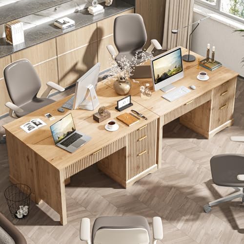 Vabches Fluted Executive Desk with Drawers, Wood Computer Desk with Ample File Drawer, Home Office Desk with Storage for Study, Bedroom, Living Room, Oak - Image 6