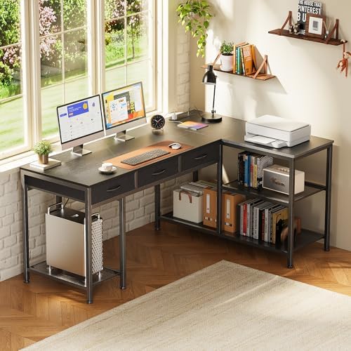 PRAISUN 55 Inch L Shaped Office Desk with Power Outlets and Type-C Port, Large Computer Gaming Desk with 3 Fabric Drawers, Mesh Shelves, Corner Study Work Writing Desk, Black - Image 2