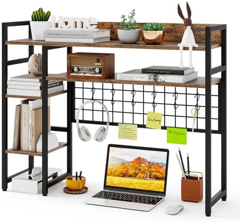 GOFLAME Desktop Bookshelf, 37 Inch Desk Shelf for Computer Monitor, 4-Tier Desk Hutch with Grid Panel 6 Hooks Set, Industrial Countertop Storage Organizer Shelf for Home Office, Dorm (Rustic Brown) by GOFLAME