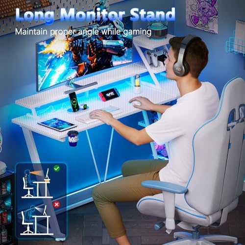 Korfile 47 Inch White Gaming Desk with LED Lights & Power Outlet, L Shaped Gaming Table with Storage Shelves, Gamer Workstations with Monitor Stand for Bedroom - Image 7