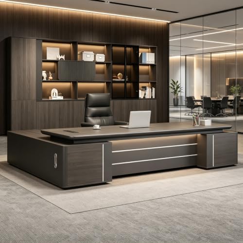 Modern L Shaped Executive Desk with Drawers & Storage, Executive Office Desk Computer Table with Aluminum Alloy Inlaid Curved Surface, Management Workstation for Home or Office(A-Right, L1.8M/71IN) by Unknown
