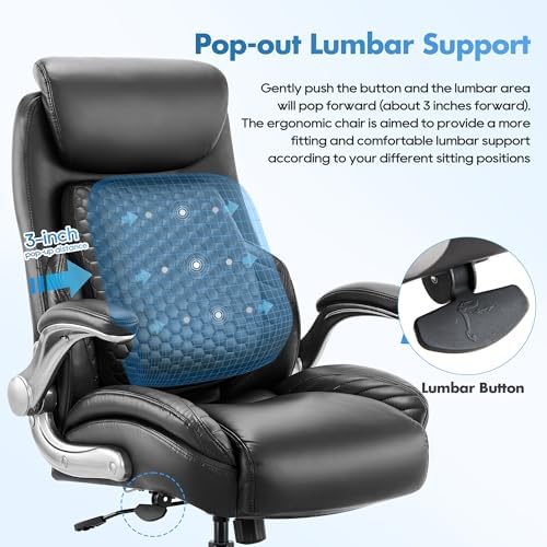 COLAMY Office Ergonomic Desk High Back Executive Chair with Pop-Out Lumbar Support, Upgraded Casters, Adjustable Headrest, Flip-Up Arms, Leather Home with Thick Cushion for Comfort - Black - Image 5