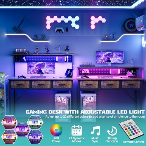 MUTUN Computer Desk with Drawers, 40 Inch Computer Desk with Power Outlet & LED Light, Gaming Desk with Adjustable Monitor Stand & Pegboard, Modern PC Study Writing Table for Bedroom, Rustic Brown - Image 4