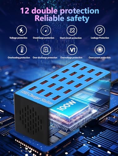 USB Charging Station,100W 20-Port Multi Smart Safety Fast Charger Station for Phone Tablet Watch Headphone PS, Compact Desktop Charger Home Office Travel - Image 5