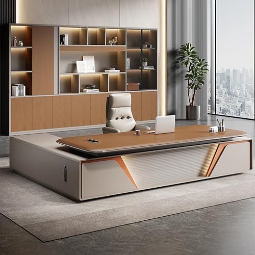 Executive Office Desk with Storage Cabinet,Modern l Shaped Executive Desk,50MM Thick Desktop for CEO Office, Reception & Commercial Workspace by Unknown