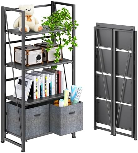 4NM No Assembly Folding Bookshelf Storage Shelves 4 Tier Vintage Bookcase Standing Racks Study Organizer Home Office by 4NM