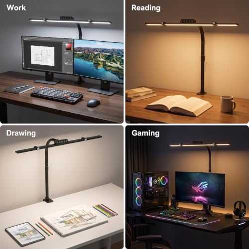 24W LED Clamp Desk Lamp, 3 Light Bars Architect Desk Light with Motion Sensor & Remote, Eye Caring Stepless Dimming Table Lamp for Home Office Study, Black - Image 6