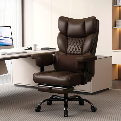 Misolant Big and Tall Office Chair with Footrest, High Back Executive Desk Chair with Adjustable Lift Armrest, 155°Recline，Lumbar Support Pillow, Faux Leather Gaming Chairs for Home or Office Brown - Image 2