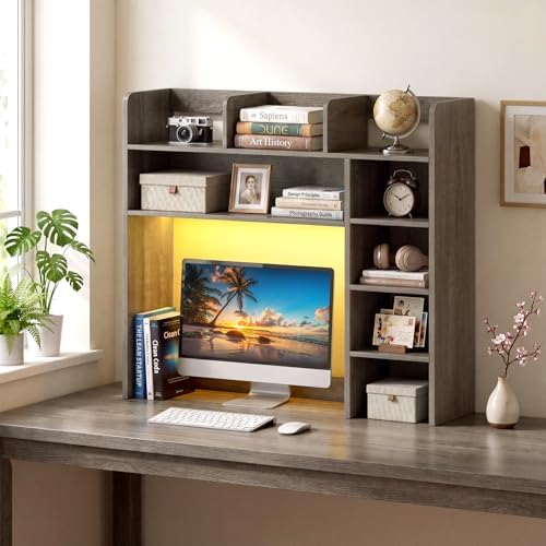 Desk Hutch with LED Lights, Wood Desktop Bookshelf for Up to 25" Monitor by BUYNOW
