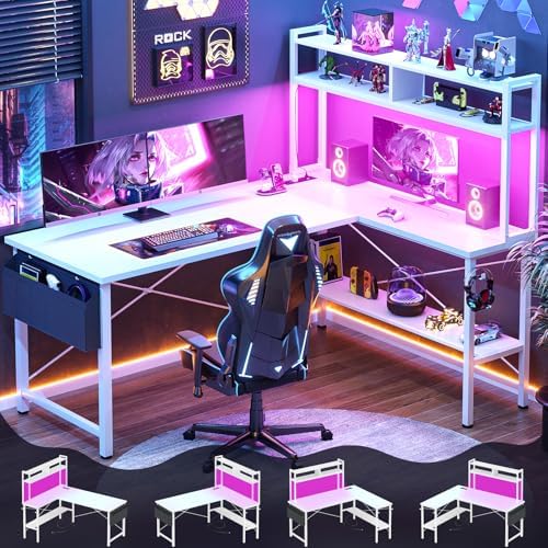 Aheaplus 59" L Shaped Desk Gaming Desk with LED Light & Power Outlet, White by Aheaplus