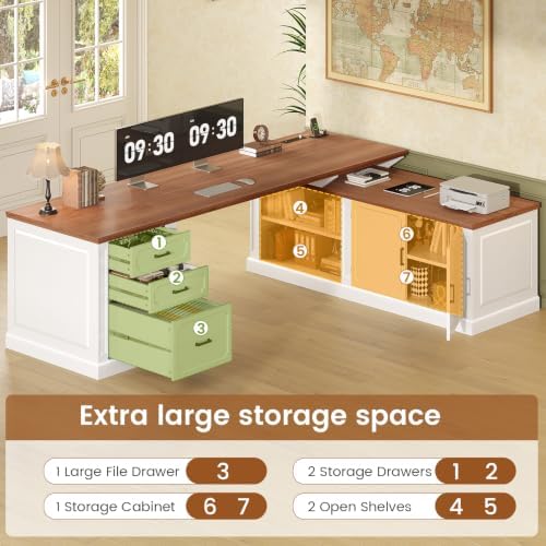 SEDETA Farmhouse L Shaped Desk with Drawers, 70.9" Home Office Desk with Storage Cabinet and Storage Shelves, L Shaped Computer Desk with Power Outlet，White+Brown - Image 4