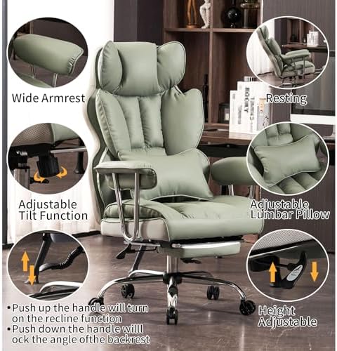 Efomao Big and Tall Office Chair 400lbs - Executive Office Chairs with Footrest, Heavy-Duty PU Leather Computer Chair for Heavy People, Light Green Home Office Desk Chairs - Image 3