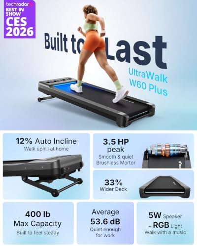MERACH UltraWalk W60 Walking Pad Treadmill with 12% Auto Incline, Under Desk Walking Pad 400lb Capacity, Max 3.5HP Heavy Duty Walking Pad with Incline for Tall People with BT Speaker, RGB Light & APP - Image 2